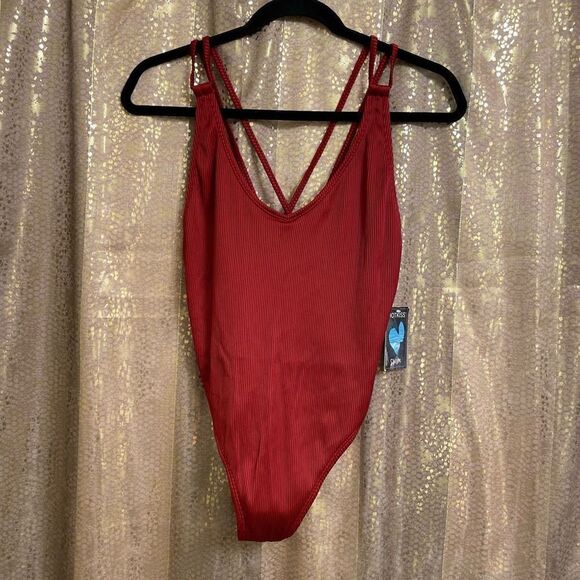 Hot Kiss Dark Red Ribbed Cross Back One Piece Swimsuit, L NWT - Picture 1 of 4